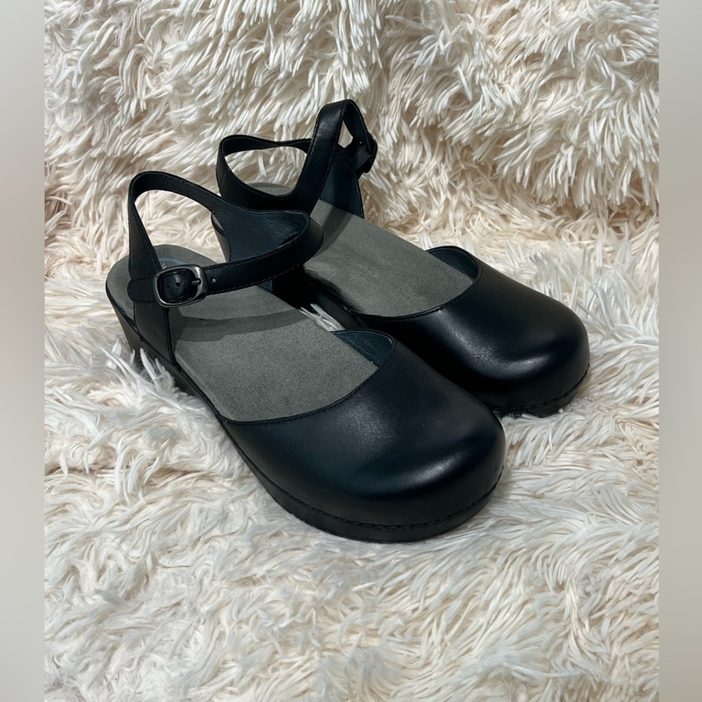 Dansko Sam Black Leather Mary Jane Clogs